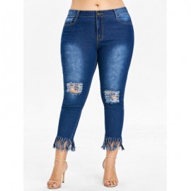 Plus Size Fringe Hem Ripped Jeans (DENIM DARK BLUE)