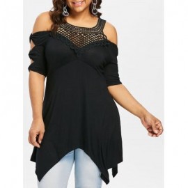 Plus Size Open Shoulder Handkerchief T-shirt (BLACK)