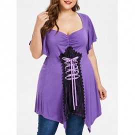 Plus Size Lace Up Handkerchief T-shirt (MEDIUM PURPLE)