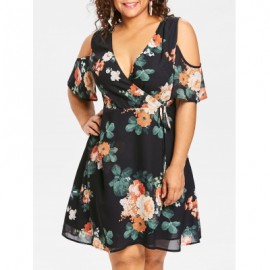 Plus Size Floral Overlap Surplice Dress (BLACK)