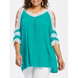 Plus Size Lace Panel V Neck Blouse (MEDIUM TURQUOISE)