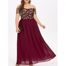 Plus Size Embroidery Off The Shoulder Maxi Dress (RED)