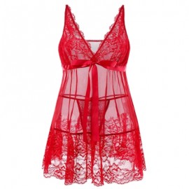 Plus Size Deep V Neck Sheer Lace Babydoll Set (RED)