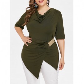 Asymmetrical Plus Size Cowl Neck T-shirt (ARMY GREEN)