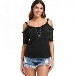 Lacing Front Short Sleeve T-shirt (BLACK)