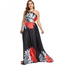 Plus Size Flower Strappy Floor Length Dress (BLACK)
