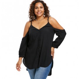 Plus Size V Neck Cold Shoulder Button Up Tunic Top (BLACK)
