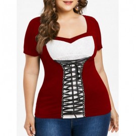 Plus Size Sweetheart Neck Lace Up T-shirt (RED WINE)