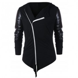 Asymmetric Zip Embellished Panel Hoodie (BLACK)