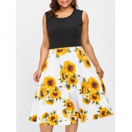 Sleeveless Plus Size Sunflower Print Vintage Dress (MILK WHITE)