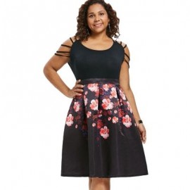 Plus Size Strappy Shoulder Floral Dress (BLACK)