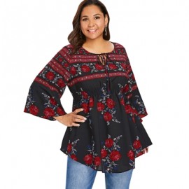 Plus Size Floral Flare Sleeve Blouse (BLACK)