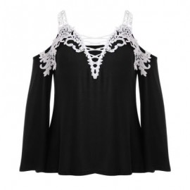 Plus Size Plunge Neck Bell Sleeve Cold Shoulder Lace Spliced Women Blouse (BLACK)