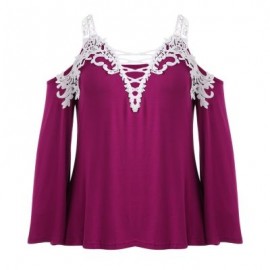 Plus Size Plunge Neck Bell Sleeve Cold Shoulder Lace Spliced Women Blouse (PLUM)