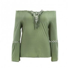 Plus Size Off The Shoulder Long Sleeve Solid Color Lace Spliced Women Blouse (DARK SEA GRE