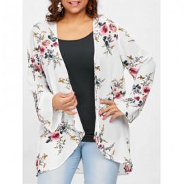 Plus Size Print Collarless Coat (WHITE)