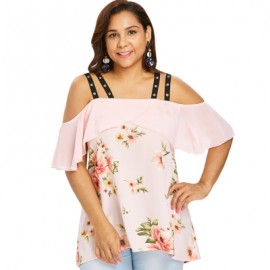 Plus Size Floral Cold Shoulder Ruffle High Low Blouse (LIGHT PINK)