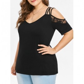 Cold Shoulder Plus Size Lace Insert T-shirt (BLACK)