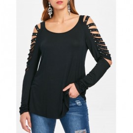 Rivet Embellished Ladder Cut Out T-shirt (BLACK)