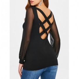 Semi Sheer Mesh Insert Criss Cross T-shirt (BLACK)
