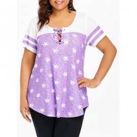 Striped Short Sleeve Star Print Plus Size T-shirt (MAUVE)