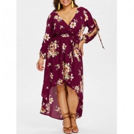 Plus Size Back Cut Out Floral Surplice Dress (RED WINE)
