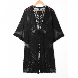 Sheer Lace Embroidered Kimono Cover Up (BLACK)
