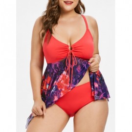 Plus Size Floral Asymmetric Tankini Swimsuit (WATERMELON PINK)