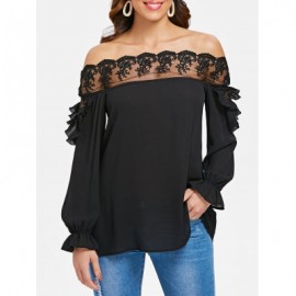 Off The Shoulder Mesh Insert Blouse (BLACK)