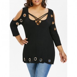 Plus Size Cold Shoulder Three Quarter Sleeve T-shirt (BLACK)