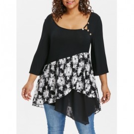 Plus Size Floral Overlap Asymmetric T-shirt (BLACK)