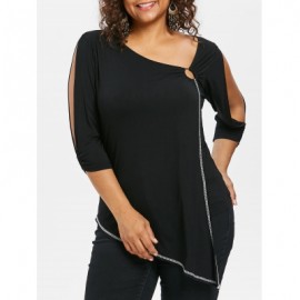 Plus Size Split Sleeve Asymmetric T-shirt (BLACK)