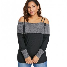 Plus Size Long Sleeve Open Shoulder T-shirt (BLACK)