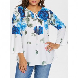 Plus Size Self Tie Keyhole Floral Blouse (BLUE)