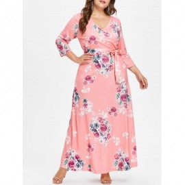 Plus Size Flower Print Floor Length Dress (LIGHT PINK)
