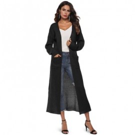 Collarless Long Sleeve Pocket Slit Open Front Knit Solid Color Women Cardigan (BLACK)