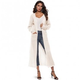 Collarless Long Sleeve Pocket Slit Open Front Knit Solid Color Women Cardigan (WHITE)