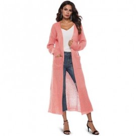 Collarless Long Sleeve Pocket Slit Open Front Knit Solid Color Women Cardigan (MISTY ROSE)