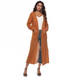 Collarless Long Sleeve Pocket Slit Open Front Knit Solid Color Women Cardigan (LIGHT BROWN