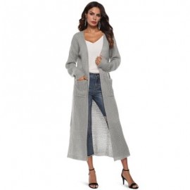 Collarless Long Sleeve Pocket Slit Open Front Knit Solid Color Women Cardigan (GRAY CLOUD)