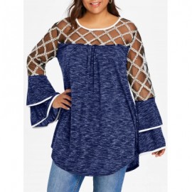 Plus Size Mesh Trim Long Sleeve T-shirt (EARTH BLUE)