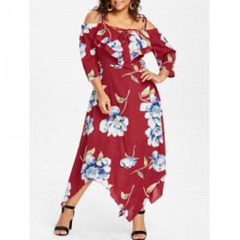 Cold Shoulder Plus Size Floral Maxi Handkerchief Dress (RED)