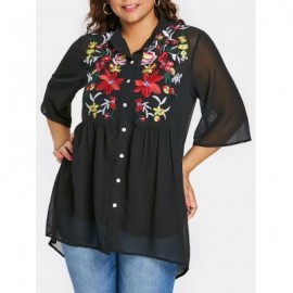 Plus Size Button Up Embroidery Blouse (BLACK)