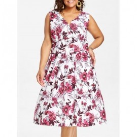 Plus Size Print Vintage Surplice Dress (DEEP PINK)