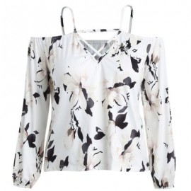 Off The Shoulder Spaghetti Strap Cut Out Floral Print Plus Size Women Blouse (WHITE)