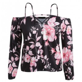 Off The Shoulder Spaghetti Strap Cut Out Floral Print Plus Size Women Blouse (BLACK)