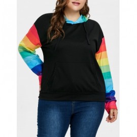 Plus Size Color Block Sleeve Drawstring Hoodie  (BLACK)