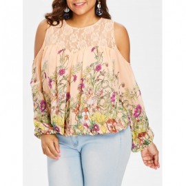 Plus Size Cold Shoulder Lace Trim Floral Sheer Blouse (ORANGE PINK)