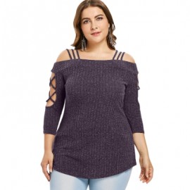 Plus Size Three Quarter Sleeve Cold Shoulder Ribbed Knit T-shirt (VIOLA PURPLE)
