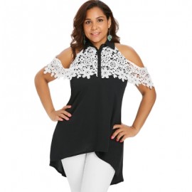 Plus Size Buttoned Two Tone Applique Blouse (BLACK)